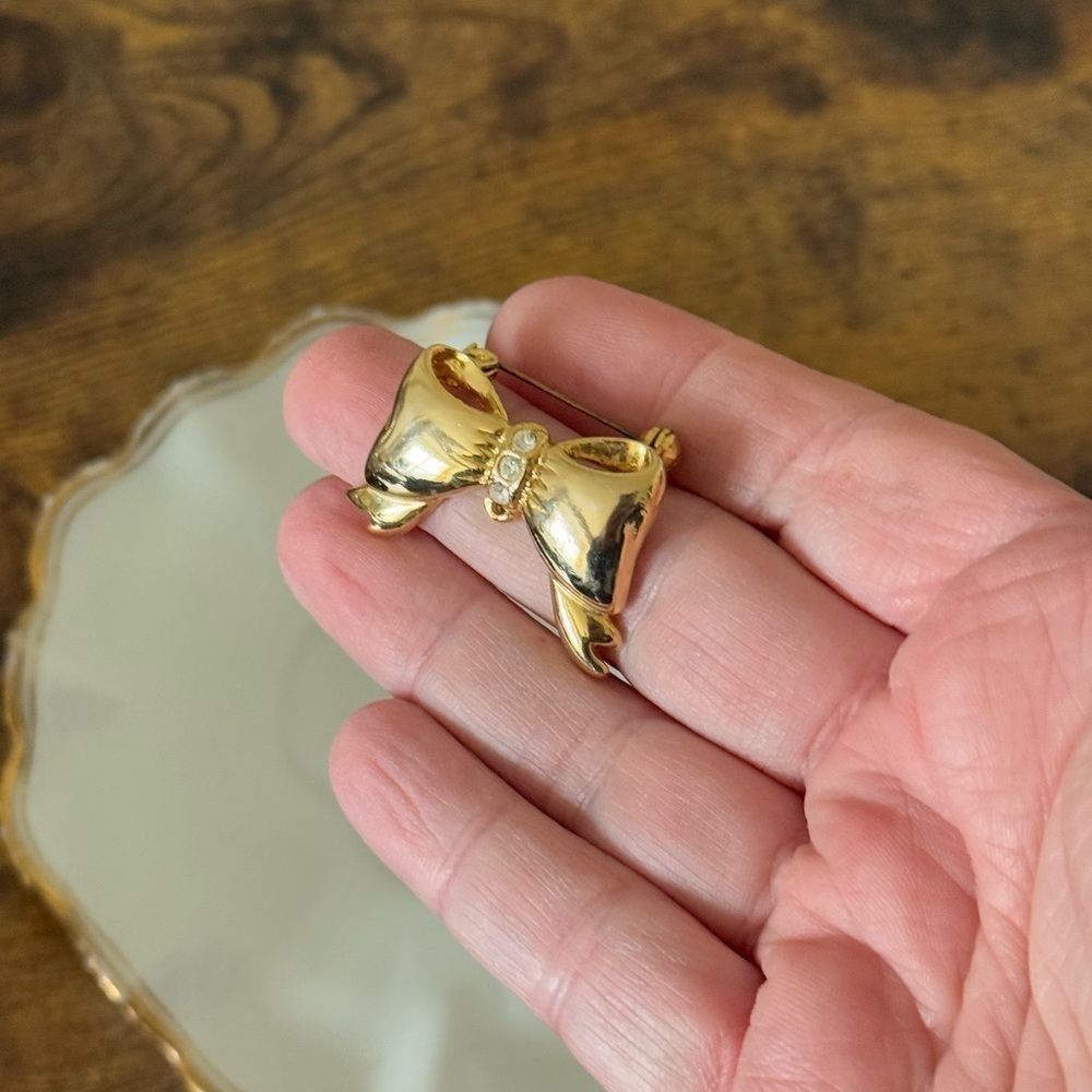 Vintage Goldtone Bow Brooch with Rhinestone Accents Coquette Aesthetic